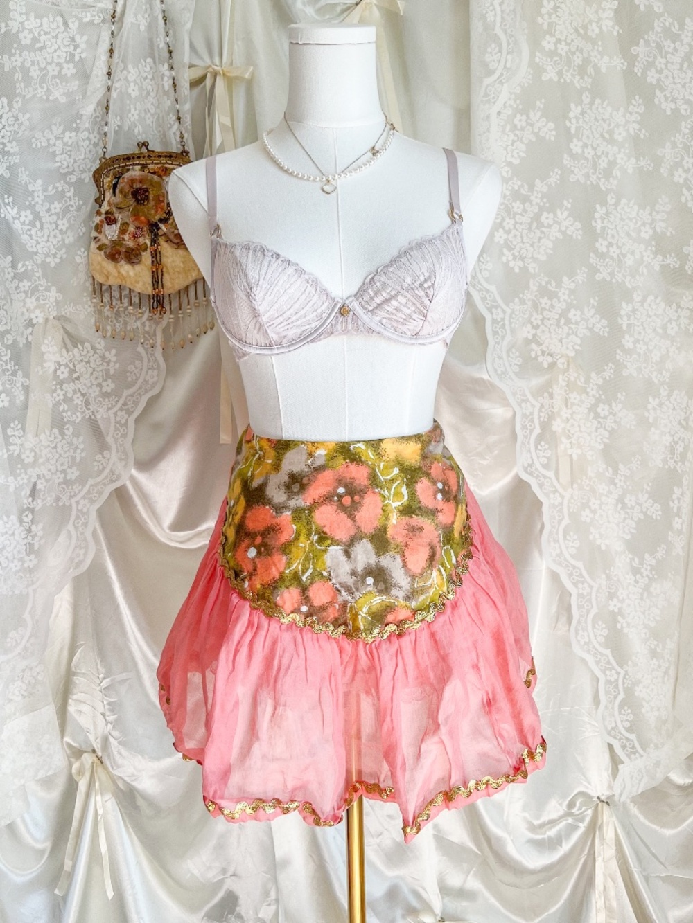 Handmade Floral Half Apron with Gold Trim